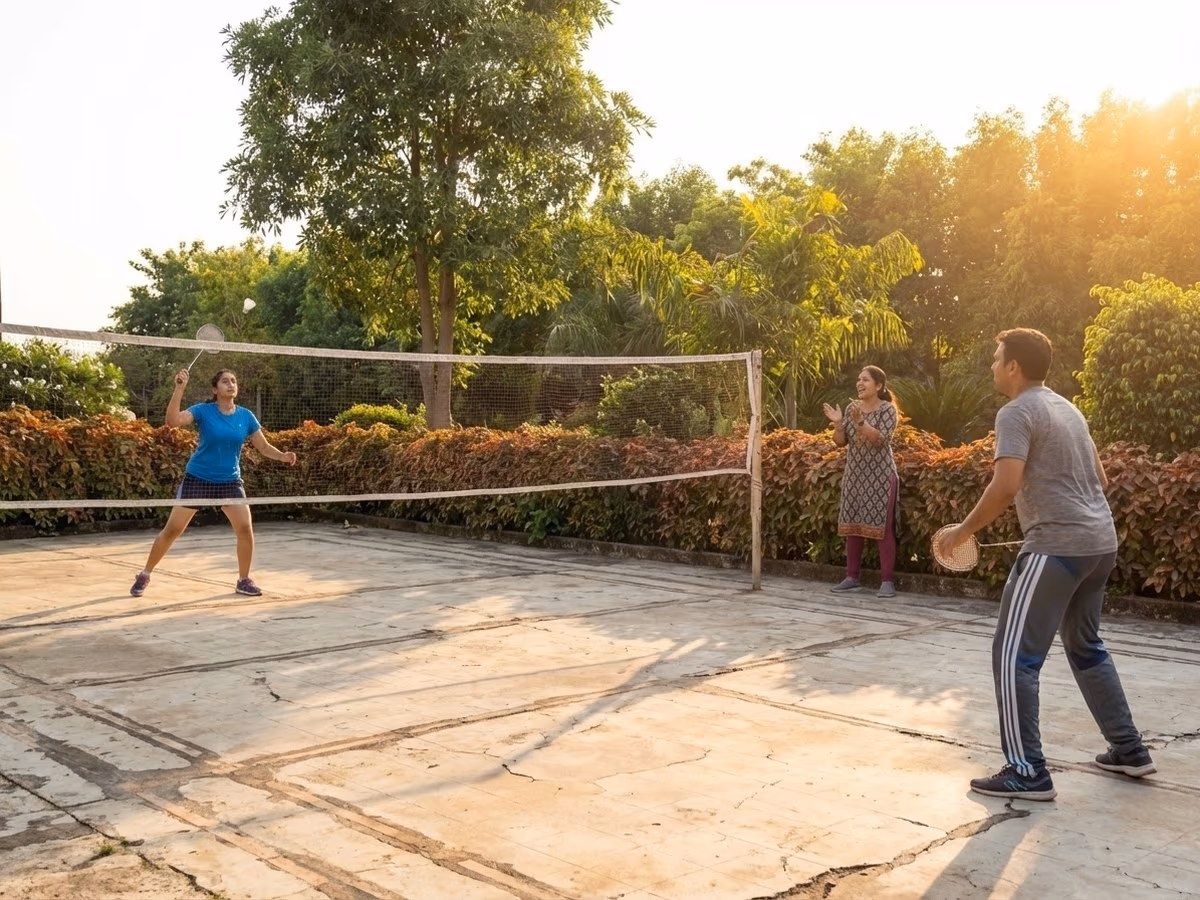 Three guests playing badminton on lush green lawn at golden hour