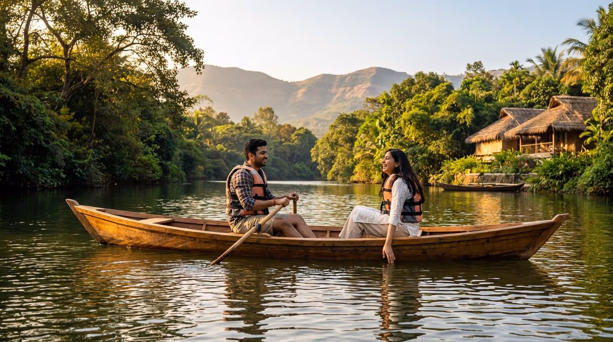Couple enjoying a rowing boat ride on the Pavana river