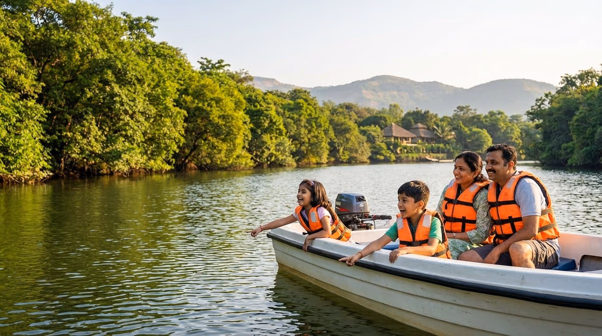 Family on a motorboat ride on the Pavana river