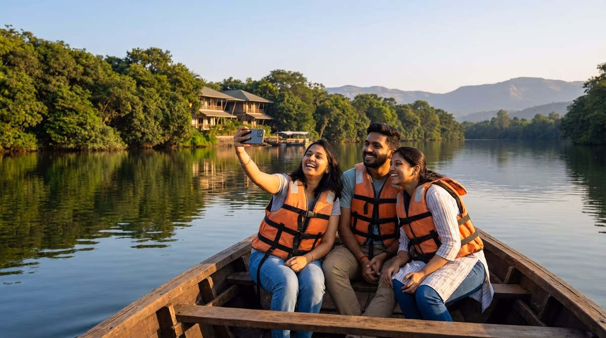 Friends on a boat cruise on the Pavana river