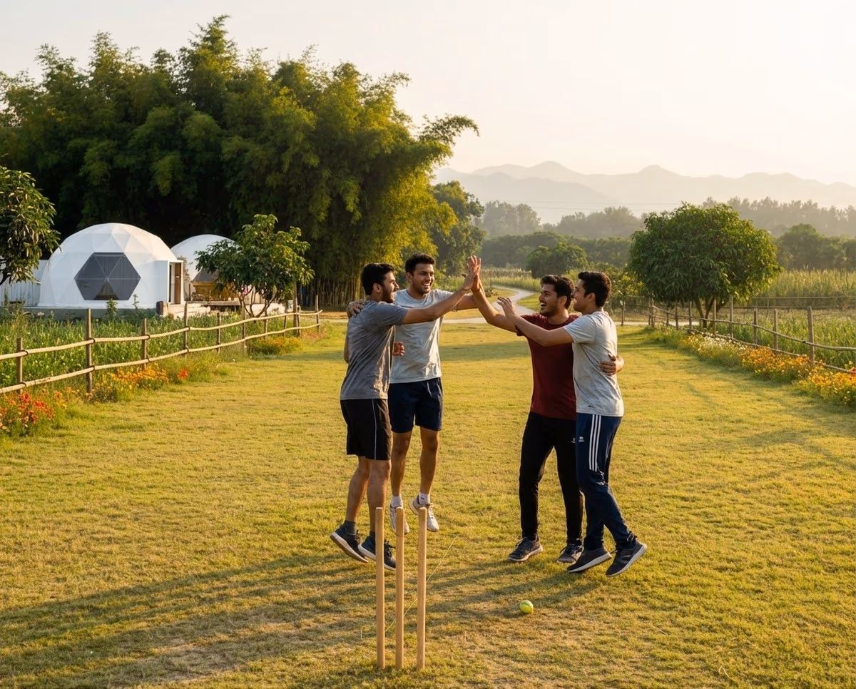 Friends celebrating a wicket during cricket on the resort lawn
