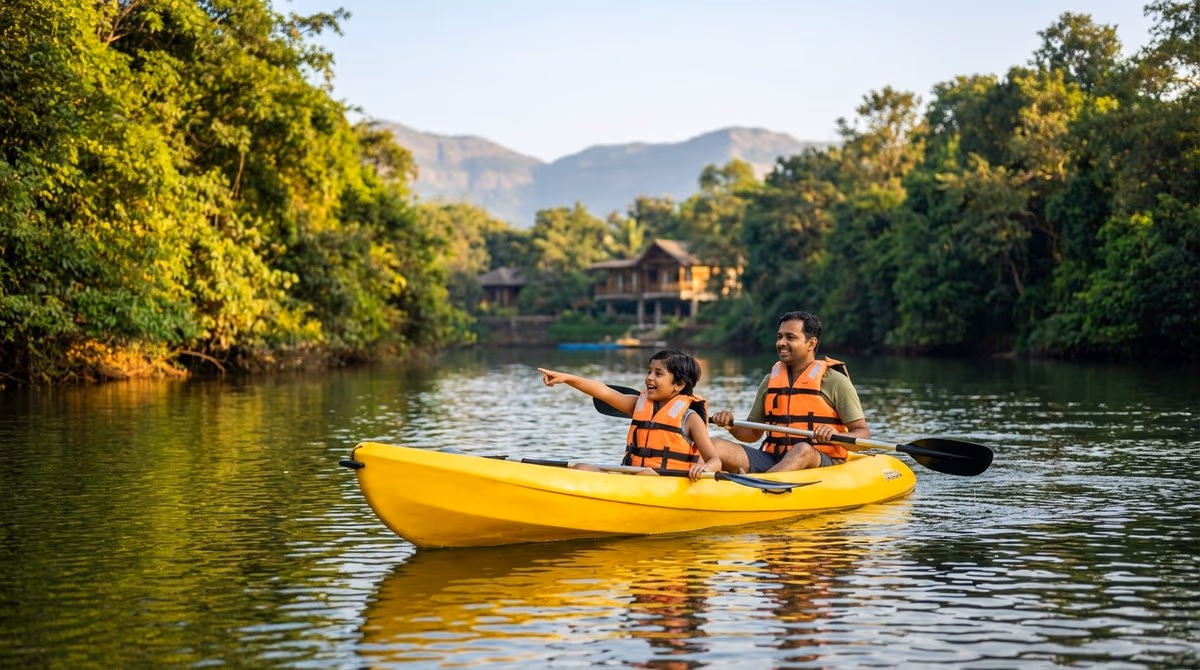 Father and child kayaking together on the Pavana river
