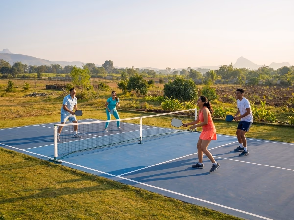 Two couples playing pickleball doubles on blue court