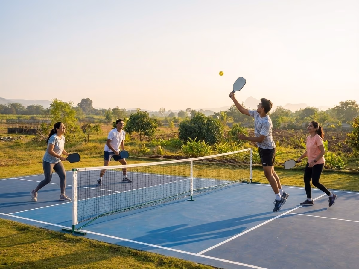 Four guests playing pickleball doubles at golden hour