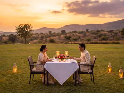 Intimate anniversary dinner setup at sunset at The Glen Woods Resort