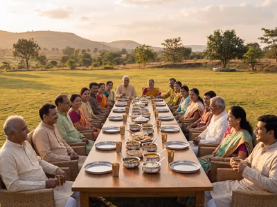 Family gathering with long table dinner on lawn at The Glen Woods Resort