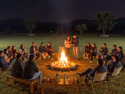 Corporate team bonfire evening at The Glen Woods Resort