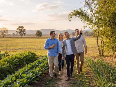 Corporate retreat nature break on farm trail at The Glen Woods Resort
