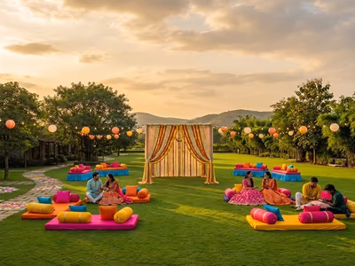 Mehendi and sangeet pre-wedding celebrations on resort lawn at The Glen Woods