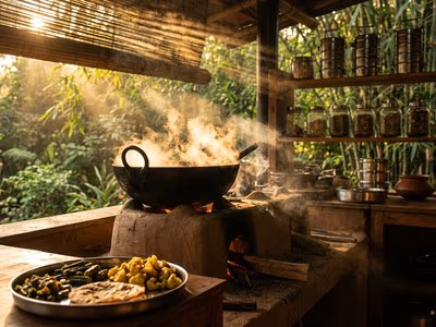 Open-air resort kitchen with wood-fired kadhai and fresh masalas at The Glen Woods