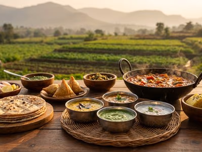 Traditional Indian farm-to-table meal spread with dal, sabzi, rotis and chutney