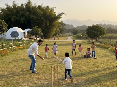 Families playing cricket on the outdoor ground at The Glen Woods Resort