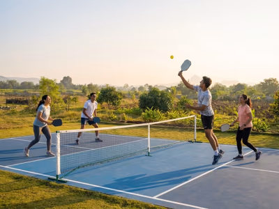 Guests playing pickleball on dedicated court at The Glen Woods Resort